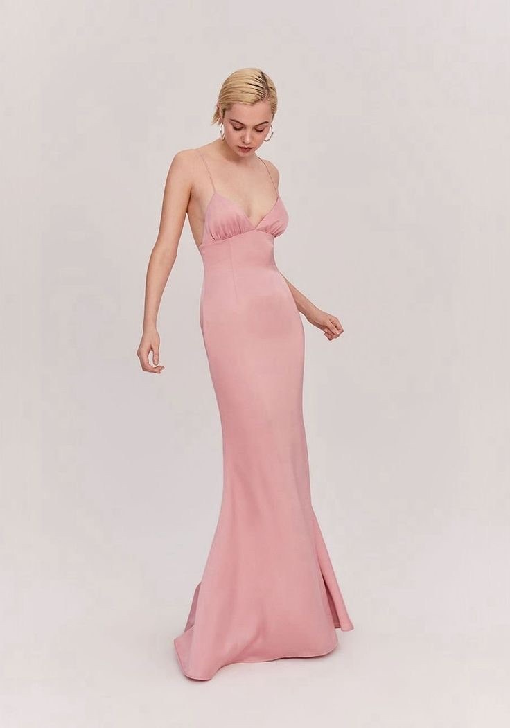 Fame And Partners Trine Dusty Rose Pink Satin V-Neck Maxi Gown Size 4
